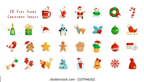 Kawaii Christmas flat icons - big set of new year winter characters and decorations - Santa Claus, calendar, gift box, Christmas tree, gingerbread, wreath, holly, reindeer, sleigh - isolated vector