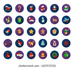 Kawaii Christmas flat icons - set of new year winter characters, decorations - Santa Claus, calendar, gift box, Christmas tree, gingerbread, wreath, holly, reindeer, sleigh - isolated vector 