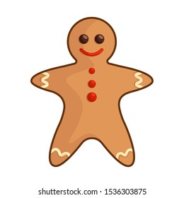 Kawaii Christmas gingerbread man - traditional sweet food, bakery, cookie, cute emoji face character, new year dessert - isolated colored illustration on white, vector icon