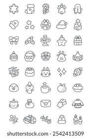 Kawaii conjunto de ícones de Natal. Coleção de ilustrações monocromáticas desenhadas à mão bonito de personagens engraçados e decorações de férias de inverno isoladas em um fundo branco. Vetor 10 EPS.