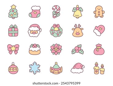 Kawaii Christmas icon set. Collection of cute hand drawn stickers (Santa Claus, elf, gift box, snowflake, decorations etc.) isolated on a white background. Set of cartoon stickers. Vector 10 EPS.
