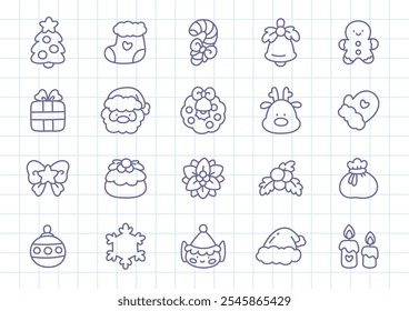 Kawaii Christmas icon set. Collection of cute hand drawn monochrome illustrations (Santa, deer, candle, holly berry, candy cane etc.) on a checkered background.