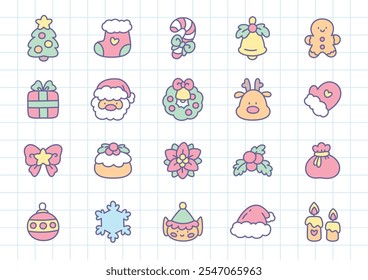 Kawaii Christmas icon set. Collection of cute hand drawn stickers (Santa Claus hat, deer, holly berry, bell, fir tree etc.) on a checkered background. Set of cartoon stickers. Vector 10 EPS.