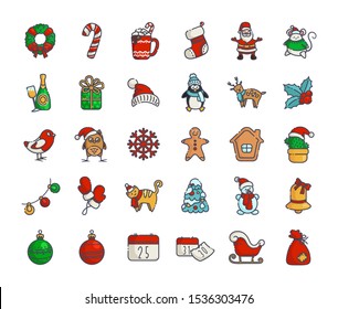 Kawaii Christmas icons, big set of new year winter outline filled signs, symbols - Santa Claus, calendar, gift box, Christmas tree, gingerbread, wreath,  reindeer, sleigh - isolated on white, vector 