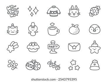 Kawaii Christmas icons. Collection of funny hand drawn monochrome illustrations (cute star with Santa Claus hat, candy, snowman, party sign etc.) isolated on a white background. 