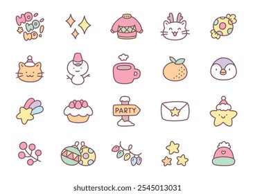 Kawaii Christmas icons. Collection of funny hand drawn stickers (cat with Santa Claus, snowman, Christmas lights, tangerine, coffee cup etc.) isolated on a white background. Set of cute stickers.