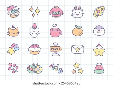 Kawaii Christmas icons. Collection of funny hand drawn stickers (cat with deer antlers, sweater, penguin, strawberry cake etc.) on a checkered background. Set of cute stickers.