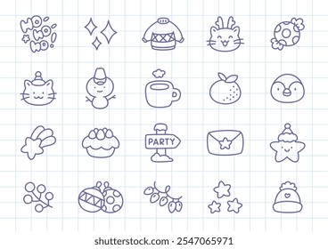 Kawaii Christmas icons. Collection of funny hand drawn monochrome illustrations (cute kittens, Christmas lights and decorations, stars and sparkles etc.) on a checkered background.