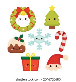 Kawaii Christmas objects decoration set. Flat vector cartoon style