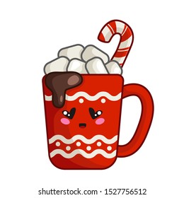 Kawaii Christmas red cup or mug with hot winter beverage - cocoa, coffee, marshmallows and candy cane, cute emoji face character, new year traditional drink - isolated icon vector
