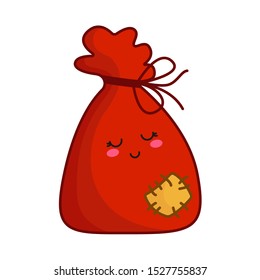 Kawaii Christmas red Santas gifts bag or pack with bow and patch, cute emoji cartoon face character, new year tradition decorativesymbol - isolated colored illustration, vector 