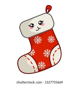Kawaii Christmas red sock or stocking for Santas gifts, cute emoji face character, new year tradition decoration for home - isolated colored icon on white, vector 