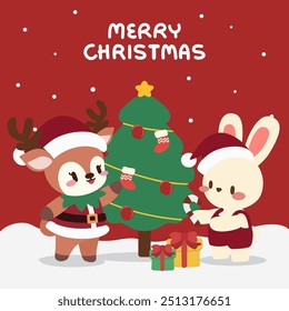 Kawaii Christmas Scene with Reindeer and Bunny Decorating Tree. Cute Kawaii Christmas. Reindeer and Bunny with Holiday Gifts. Adorable Reindeer and Bunny in Santa Hats by Christmas Tree.