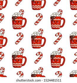Kawaii Christmas seamless pattern with candy cane, cup of hot winter beverage or drink and marshmallows, endless texture for textile, wrapping paper, cute traditional new year symbols - vector