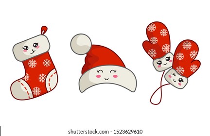 Kawaii Christmas set for new year party decoration - Santa Claus hat, red mittens with snowflakes and sock or stocking, cute cartoon objects, isolated illustrations on white, vector 