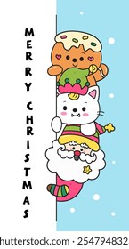 Kawaii Christmas set santa claus gingerbread cookie and baby cat. Cute kitty kitten playing (whimsical characters). Happy new year greeting card. Holiday cartoon xmas kids winter season. Flat 