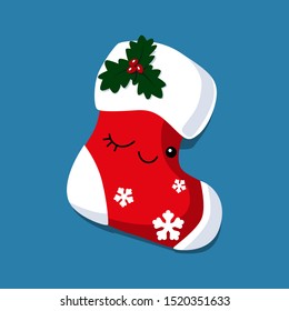 Kawaii Christmas sock decorated with a holly branch and snowflakes. Cute cartoon icon. Vector illustration. 