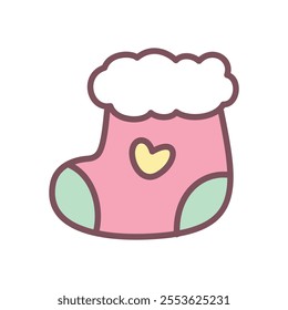 Kawaii Christmas sock icon. Hand drawn illustration of a red sock decorated with a heart isolated on a white background. Cute winter holiday sticker. Vector 10 EPS.