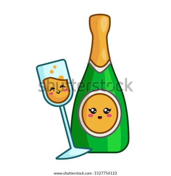 Kawaii Christmas Sparkling Wine Bottle Glass Stock Vector Royalty Free