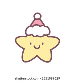 Kawaii Christmas star icon. Hand drawn illustration of a funny smiling star in Santa Claus hat isolated on a white background. Cute winter holiday sticker. Vector 10 EPS.