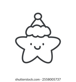 Kawaii Christmas star icon. Hand drawn monochrome illustration of a funny smiling star in Santa Claus hat isolated on a white background. Cute winter holiday sticker. Vector 10 EPS.