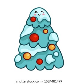 Kawaii Christmas Tree with multi colored balls, garland, coniferous tree with snow, cute cartoon character, new year tradition decoration for home - isolated icon on white, vector