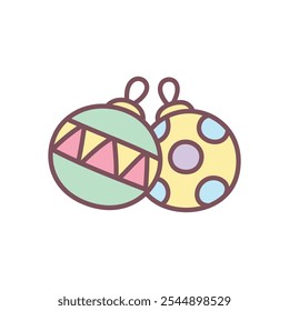 Kawaii Christmas tree ornaments icon. Hand drawn illustration of two bright Christmas balls with patterns isolated on a white background. Cute winter holiday sticker. Vector 10 EPS.