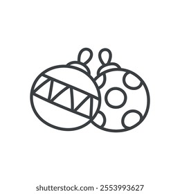 Kawaii Christmas tree ornaments icon. Hand drawn monochrome illustration of two Christmas balls with patterns isolated on a white background. winter holiday sticker. Vector 10 EPS.