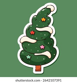 Kawaii Christmas tree sticker with star toys and snowy peaks.