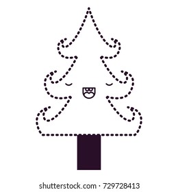 kawaii christmas tree with trunk with eyes closed happiness expression on dotted monochrome silhouette vector illustration