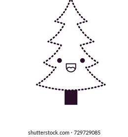 kawaii christmas tree with trunk with happiness expression on dotted monochrome silhouette vector illustration