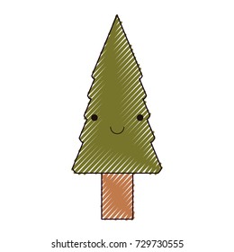 kawaii christmas tree with trunk with happiness expression color crayon silhouette on white background vector illustration