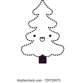 kawaii christmas tree with trunk with smiling expression on dotted monochrome silhouette vector illustration