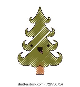 kawaii christmas tree with trunk with tongue out and happiness expression color crayon silhouette on white background vector illustration