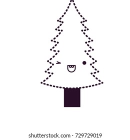 kawaii christmas tree with trunk with wink eyes and happiness expression on dotted monochrome silhouette vector illustration
