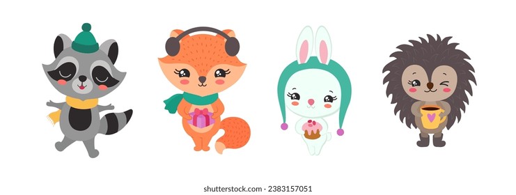 Kawaii Christmas woodland animals vector cartoon characters. Fun sweet raccoon, little fox, cute white rabbit and adorable hedgehog. Children illustration for print, book, winter greeting card.