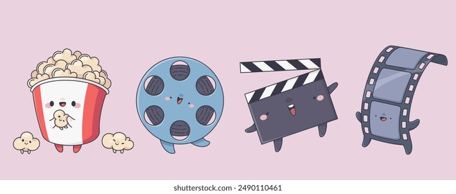 Kawaii cinema mascots set isolated on background. Contemporary vector cartoon illustration of cute popcorn bucket, film reel and strip, clapper characters with smiling faces, entertainment emoji