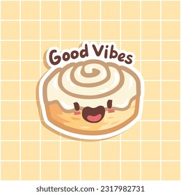 Kawaii Cinnamon Buns cartoon sticker template. Hand-drawn of colored cinnamon rolls vector clipart. Usable for merchandise prints, event banners, or advertisements.