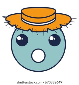 kawaii circle face emoticon with straw hat character