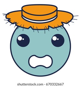 kawaii circle face emoticon with straw hat character