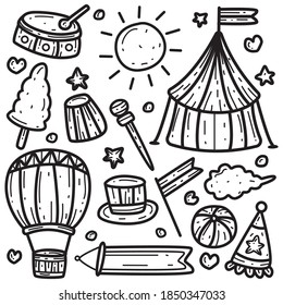 kawaii circus cartoon doodle designs  for coloring, backgrounds, stickers, logos, icons and more 