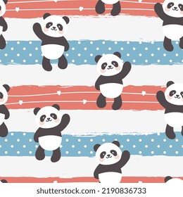 Kawaii classic panda bear character on a red and blue background with hand drawn brush strokes texture, hearts and dots, kids cute animals seamless pattern for wrapping paper, fabric and textile print