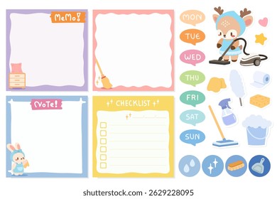 Kawaii Cleaning Memo Pad Set with Cute Bunny and Deer Characters. Cute Printable Cleaning Planner Stickers and Checklist Notes. Adorable Cleaning-Themed Digital Stationery for Weekly Planning.