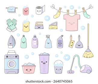 Kawaii Cleaning Supplies Vector Set with Cute Characters in Pastel Color. Household Items with Eyes and Smiles.