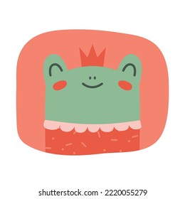 Kawaii' clip art with portrait of cute green frog princess in crown. Graphic illustration in flat style for kid' merch, card, clothing, invitation. 