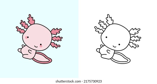 Kawaii Clipart Axolotl Illustration and For Coloring Page. Funny Kawaii Axolotl. Vector Illustration of a Kawaii Animal for Stickers, Baby Shower, Coloring Pages, Prints for Clothes.  svg