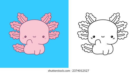 Kawaii Clip Kunst Axolotl Illustration und für die Färbung Seite. Funny Kawaii Animal. Cute Vektor Illustration eines Kawaii Salamander für Aufkleber, Babydusche, Farbseiten, Kleiderdrucke. 