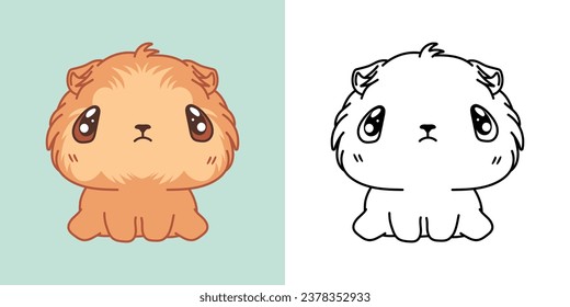 Kawaii Clipart Baby Guinea Pig Illustration and For Coloring Page. Funny Kawaii Baby Rodent. Cute Vector Illustration of a Kawaii Animal for Stickers, Baby Shower, Coloring Pages. 