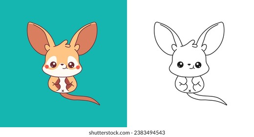 Kawaii Clipart Baby Kangaroo Illustration and For Coloring Page. Funny Kawaii Baby Marsupial Animal. Cute Vector Illustration of a Kawaii Baby Animal for Stickers, Baby Shower, Coloring Pages. 