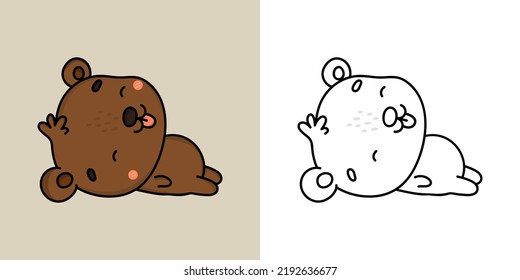 Kawaii Clipart Bear Illustration and For Coloring Page. Funny Kawaii Brown Bear. Vector Illustration of a Kawaii Animal for Stickers, Baby Shower, Coloring Pages, Prints for Clothes.
